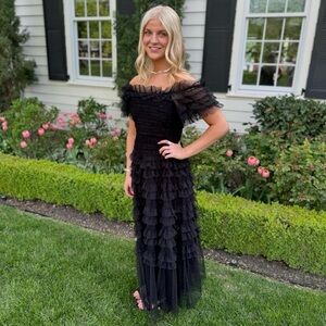 Black Off-the-Shoulder strapless Ruffled Tulle Maxi Dress